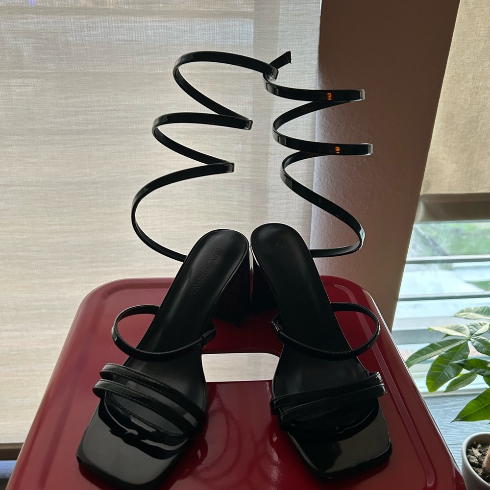 Black Strappy Spiral Ankle Wrap Heels